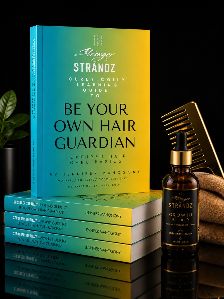 Stronger StrandZ Curly, Coily Learning Guide and Growth Elixir on a dark reflective surface with comb and towel